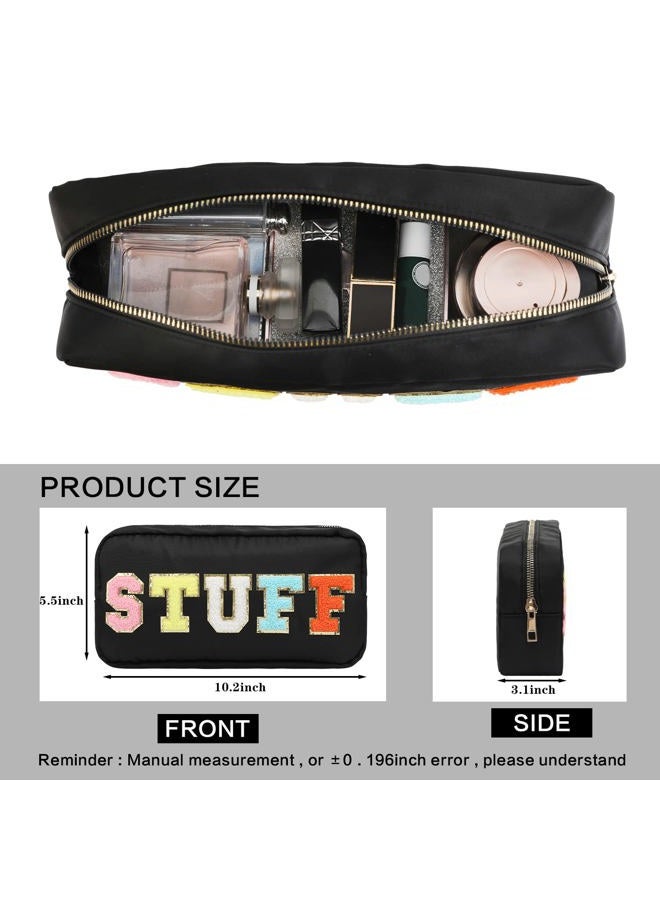 DYSHAYEN Nylon Cosmetic Bag Small Travel Preppy Makeup Pouch Bag for Women Girls with Chenille Letter Patches, Black-Stuff, Fashion - Image 4
