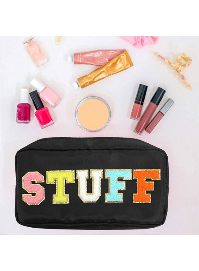 DYSHAYEN Nylon Cosmetic Bag Small Travel Preppy Makeup Pouch Bag for Women Girls with Chenille Letter Patches, Black-Stuff, Fashion - Image 2