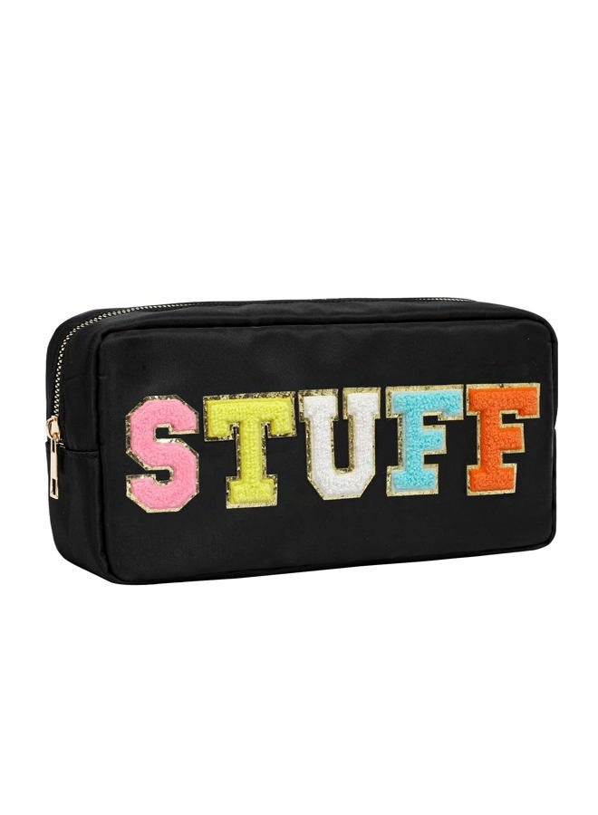DYSHAYEN Nylon Cosmetic Bag Small Travel Preppy Makeup Pouch Bag for Women Girls with Chenille Letter Patches, Black-Stuff, Fashion - Image 1
