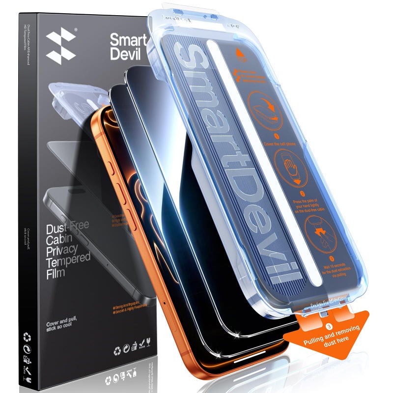 SMARTDEVIL 2 Pack Tempered Glass for iPhone 17 Pro Privacy Screen Protector, Military-Grade Shatterproof Protection, 9H Hardness, Anti-Spy Privacy Film, Auto Dust Removal, Bubble Free - Image 1