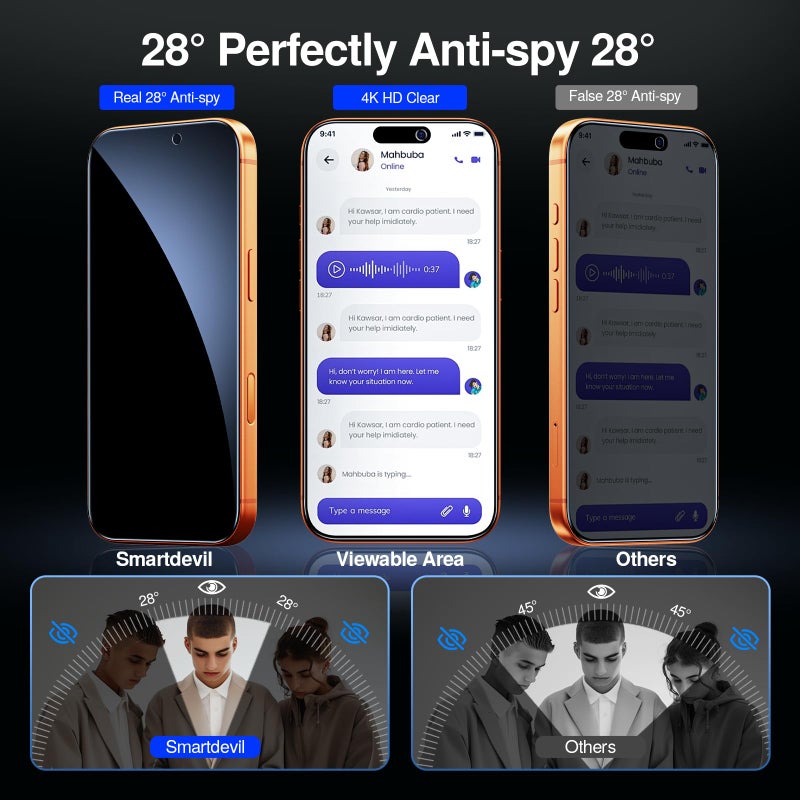 SMARTDEVIL 2 Pack Tempered Glass for iPhone 17 Pro Privacy Screen Protector, Military-Grade Shatterproof Protection, 9H Hardness, Anti-Spy Privacy Film, Auto Dust Removal, Bubble Free - Image 2