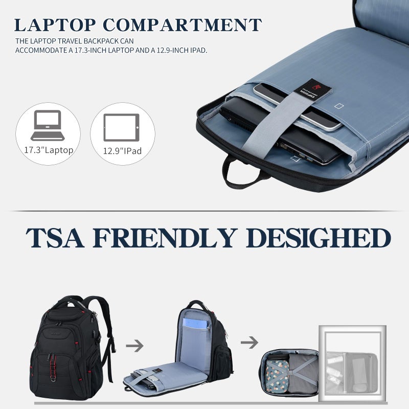 EMPSIGN Travel Laptop Backpack for men, 17.3 Inch Computer Backpack, 45L Anti-Theft Business Laptop Backpack with USB Charging Port, Water-Repellent Work College School Backpack for Men Women, Black - Image 4