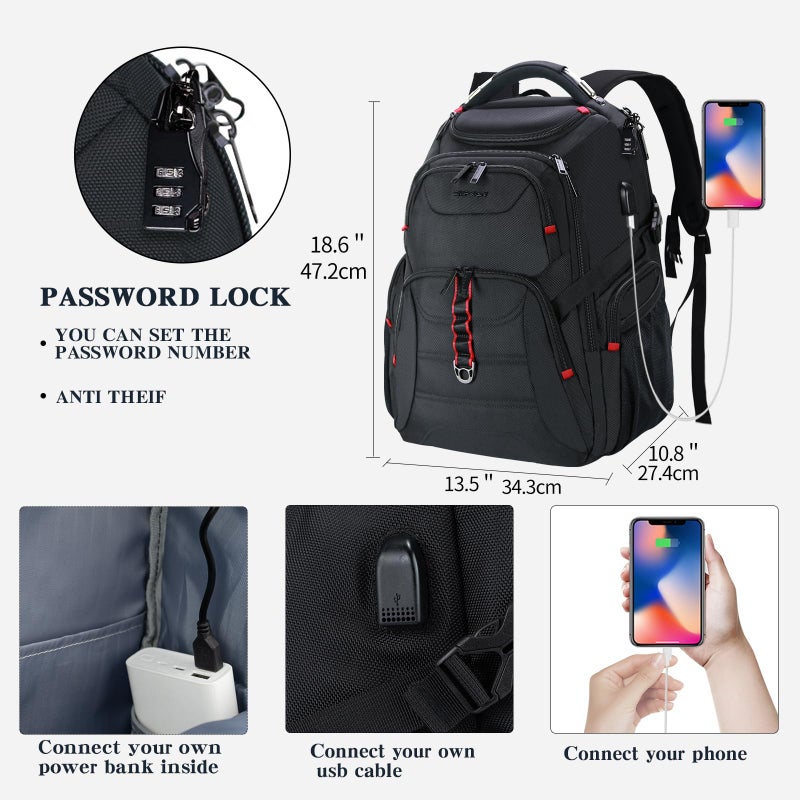 EMPSIGN Travel Laptop Backpack for men, 17.3 Inch Computer Backpack, 45L Anti-Theft Business Laptop Backpack with USB Charging Port, Water-Repellent Work College School Backpack for Men Women, Black - Image 2