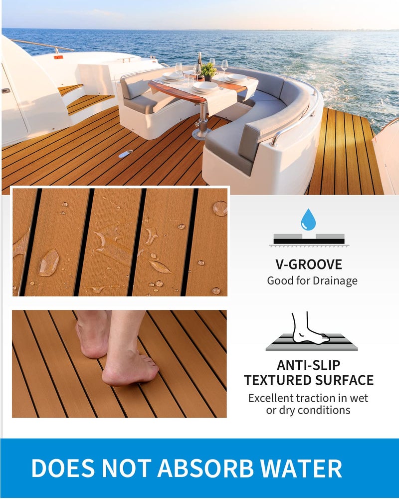 OCEANBROAD Self-Adhesive 96''x28.8'' Boat Flooring with 3M Adhesive Backing EVA Foam Boat Decking Faux Teak Marine Non-Slip Sheet for Jon Motor Boats Yacht Helm Pad Floor, Brown with Black Seam Lines - Image 3