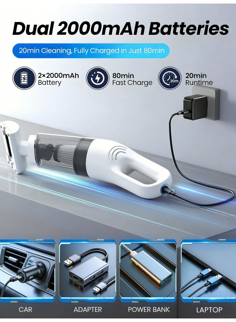 مكنسة كهربائية لاسلكية محمولة 2 في 1 للسيارة بقوة شفط 26000 باسكال وبطارية ذات سعة كبيرة 2000 مللي أمبير، مكنسة غبار محمولة للسيارة والمنزل مع ملحق فرشاة أرضية وأدوات تنظيف - Image 4