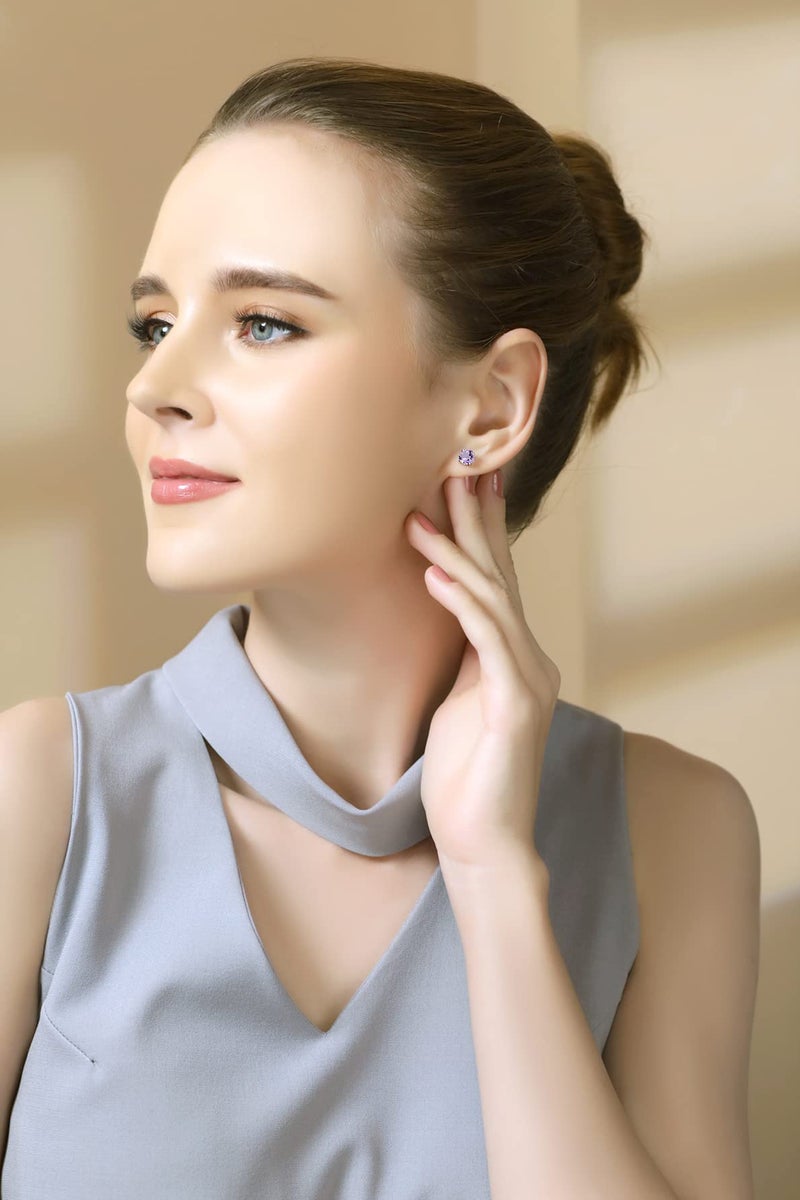 GemStar USA Purple Earrings for Women Sterling Silver Studs Genuine 5mm Round Solitaire Gemstone Amethyst Earrings Bridesmaids Birthday Gift February Birthstone - Image 2