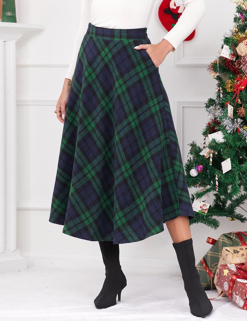 IDEALSANXUN Womens High Elastic Waist Maxi Skirt A-line Plaid Winter Warm Flare Long Skirt (X-Small, Long Green) - Image 3