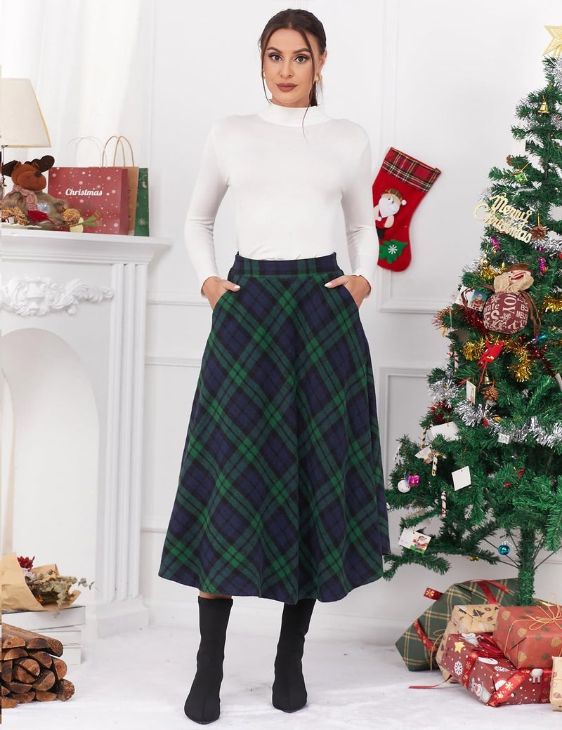 IDEALSANXUN Womens High Elastic Waist Maxi Skirt A-line Plaid Winter Warm Flare Long Skirt (X-Small, Long Green) - Image 4