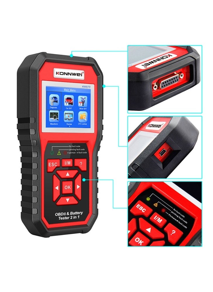 كونوي جهاز KONNWEI KW870 2 في 1 لتشخيص الأعطال عبر OBD2 واختبار البطارية في السيارات.  - Image 2