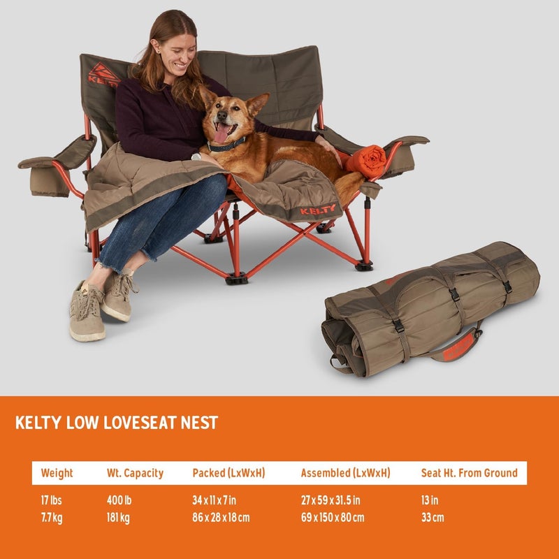 Kelty Kelty Low Loveseat Nest Two Person Camping Chair with 2 Removable Blankets Lower to The Ground Slight Recline Insulated Beverage Holders Roll Tote Storage 2024 Beluga  - Image 3