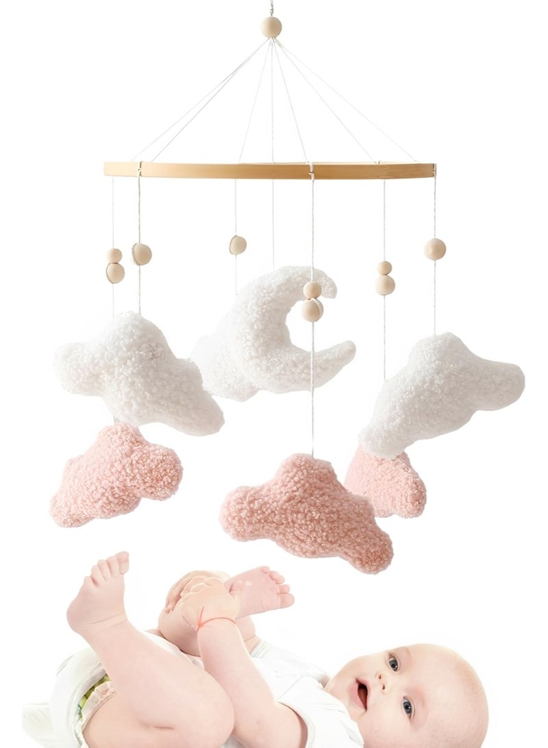 Baby Crib Mobile with Plush Clouds and Moon, Soft Nursery Mobile Toy for Crib Bassinet and Stroller, Baby Room Decor for Girls and Boys, Pink White - Image 1