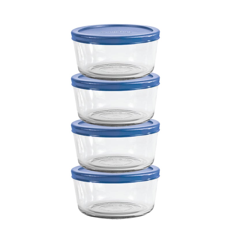 Anchor Hocking 2 Cup Glass Storage Containers with Lids Set of 4 Glass Food Storage Containers with Blueberry SnugFit Lids