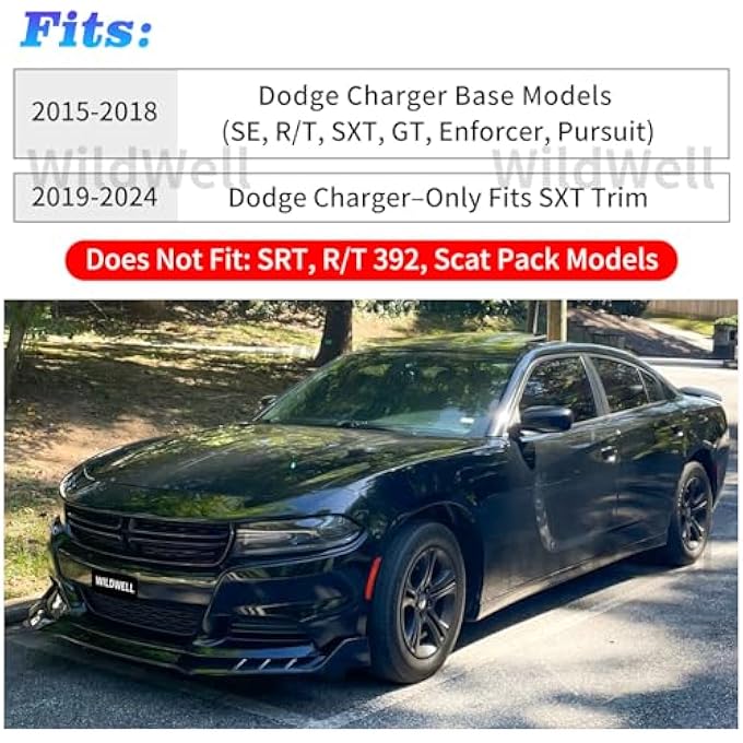 WildWell Front Bumper Lip Splitter Fits 2015-2018 Dodge Charger Base & 2019-2024 Dodge Charger SXT Only, Front Lip Air Dam Chin Spoiler Guard Glossy Black - Image 5