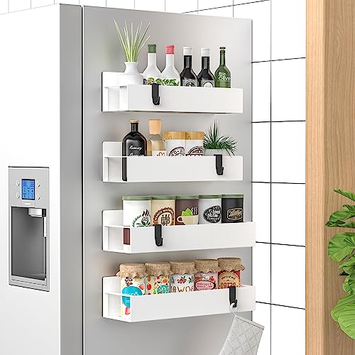 HuggieGems 4 Pack Magnetic Spice Storage Rack Organizer for Refrigerator and Oven White Fridge Organizers and Storage