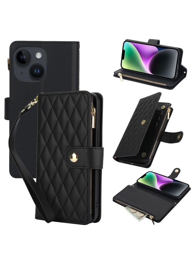 S-TOP Case For iPhone 14 YM016 Rhombic Zipper Card Wallet Leather Phone Case with Lanyard - Image 1