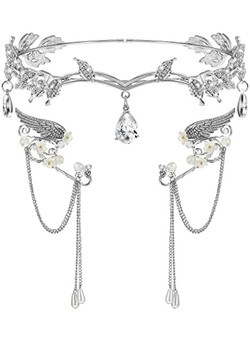 Luckam Halloween Party Set, Rhinestone Fairy Leaf Headband Elf Ear Cuffs Crown Elf Earring Accessory for Fairy Cosplay Pageant Wedding Prom - Image 1