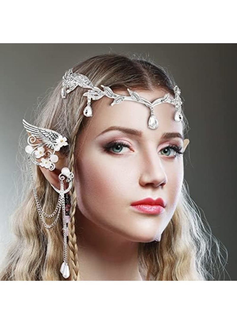 Luckam Halloween Party Set, Rhinestone Fairy Leaf Headband Elf Ear Cuffs Crown Elf Earring Accessory for Fairy Cosplay Pageant Wedding Prom - Image 2