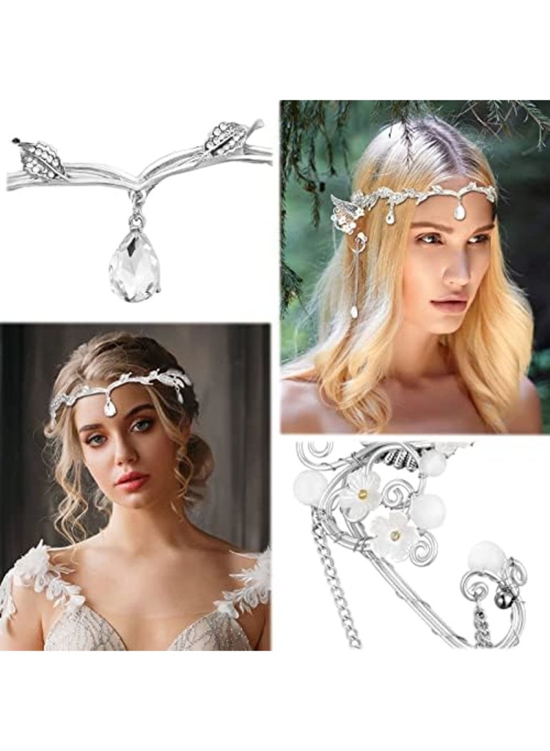 Luckam Halloween Party Set, Rhinestone Fairy Leaf Headband Elf Ear Cuffs Crown Elf Earring Accessory for Fairy Cosplay Pageant Wedding Prom - Image 5