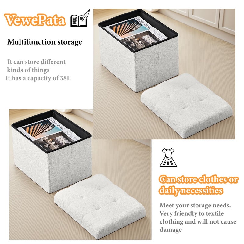 VewePata Storage Ottoman Foot Stool,Faux Teddy Tufted Foot Rest, Space Saver Chair with Storage,Ergonomic Stool for Bedroom/Living Room/Desk/Office (White, 17" D x 13" W x 13" H) - Image 3