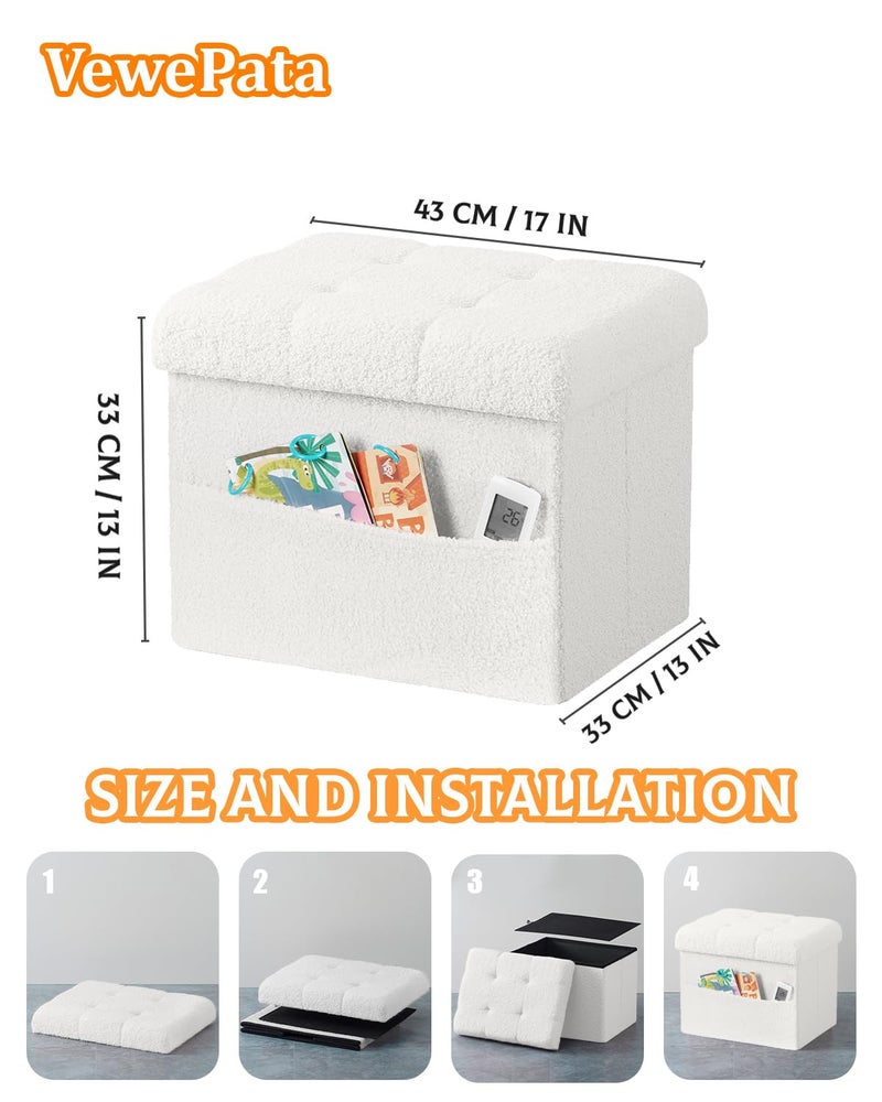 VewePata Storage Ottoman Foot Stool,Faux Teddy Tufted Foot Rest, Space Saver Chair with Storage,Ergonomic Stool for Bedroom/Living Room/Desk/Office (White, 17" D x 13" W x 13" H) - Image 5