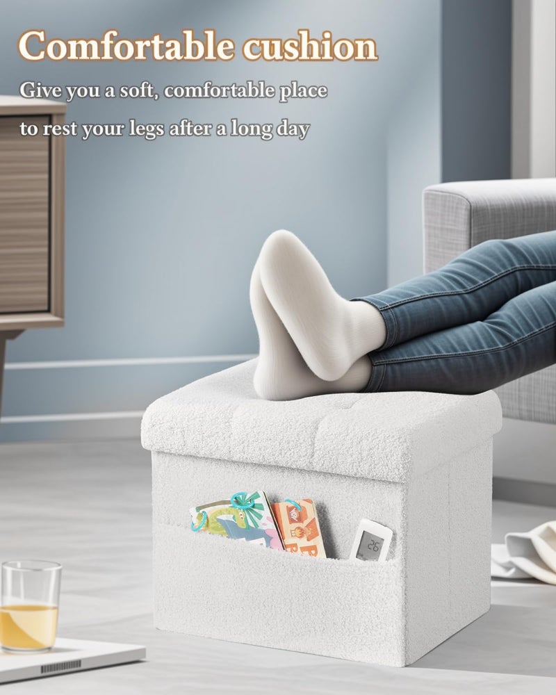 VewePata Storage Ottoman Foot Stool,Faux Teddy Tufted Foot Rest, Space Saver Chair with Storage,Ergonomic Stool for Bedroom/Living Room/Desk/Office (White, 17" D x 13" W x 13" H) - Image 2