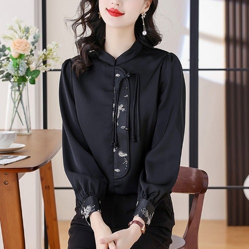 New Chinese style long-sleeved shirt Womens Spring Wear 2024 New satin retro loose shirt temperament Light National style top Black