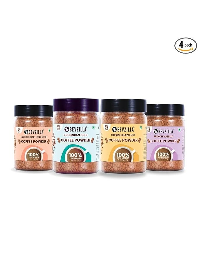 Bevzilla 50 Grams X 4 Flavoured Instant Coffee Powder Pack Box of Colombian Gold, Hazelnut, Vanilla & Butterscotch | Arabica Beans|Perfect for espresso, latte & cappuccino| Enjoy Hot & Cold Bews - Image 1