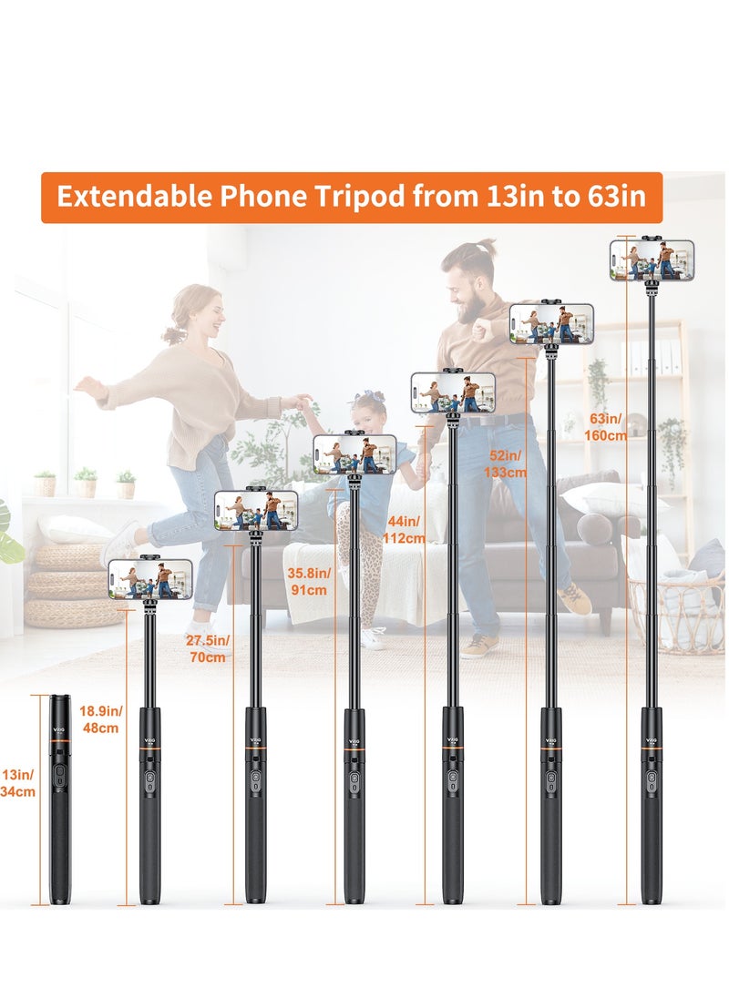 VRIG 63" Newest Phone Tripod&Selfie Stick for iPhone,Integrated Selfie Stick with Bluetooth Shutter,Cell Phone Tripod Stand for Video Recording Compatible with iPhone 16/15/14/13/all
