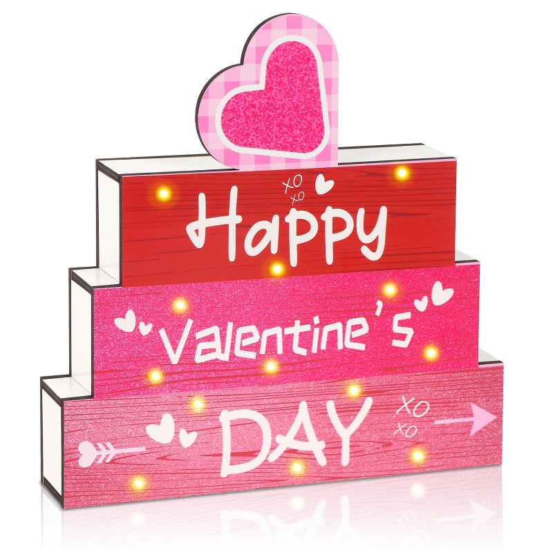 Diltik Valentineâ€™s Day Wooden Table Decor with LED Lights, Happy Valentineâ€™s Day Heart Sign, Light Up Wood Centerpiece for Home Tabletop, Shelf and Mantel Decoration - Image 1