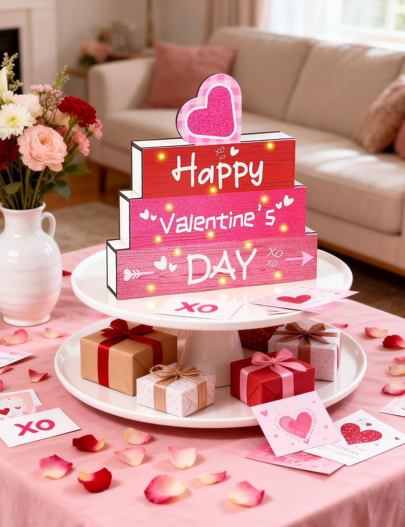 Diltik Valentineâ€™s Day Wooden Table Decor with LED Lights, Happy Valentineâ€™s Day Heart Sign, Light Up Wood Centerpiece for Home Tabletop, Shelf and Mantel Decoration - Image 3