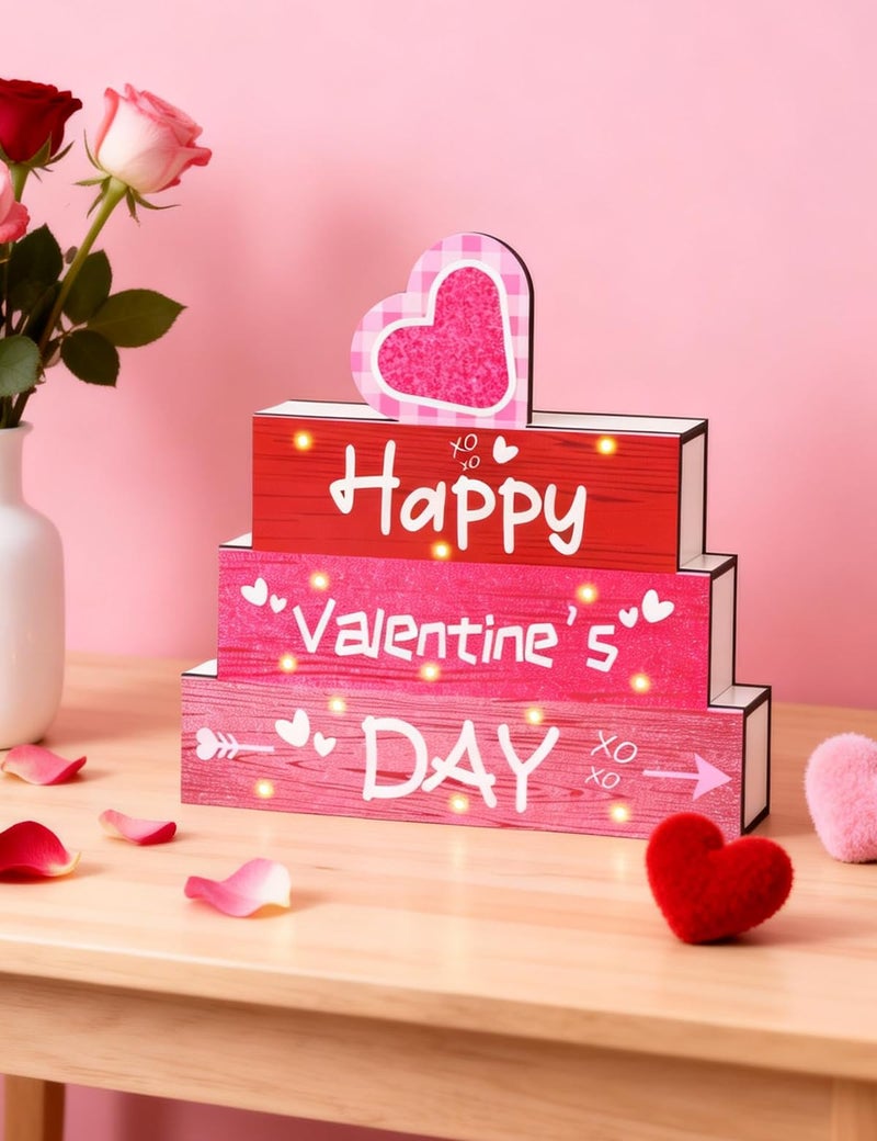 Diltik Valentineâ€™s Day Wooden Table Decor with LED Lights, Happy Valentineâ€™s Day Heart Sign, Light Up Wood Centerpiece for Home Tabletop, Shelf and Mantel Decoration - Image 2