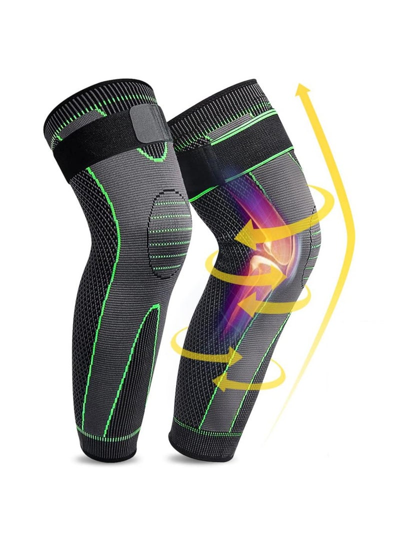 Compression Leg Sleeves with Elastic Straps for Men & Women - Extra Long Knee Braces for Basketball, Football, Joint Pain - ACL Support - L - Image 1