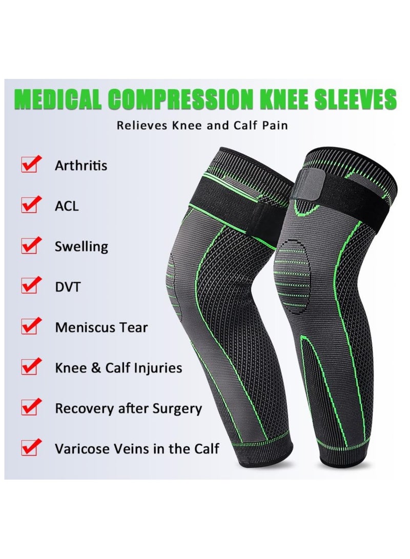 Compression Leg Sleeves with Elastic Straps for Men & Women - Extra Long Knee Braces for Basketball, Football, Joint Pain - ACL Support - L - Image 3