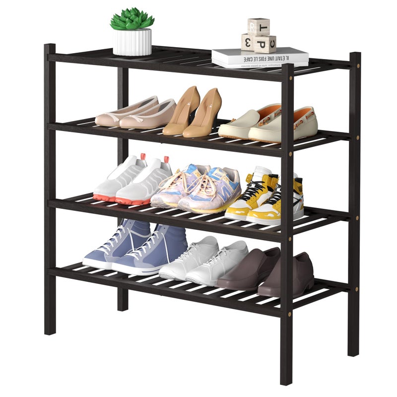 ROMGUAR CRAFT 4 Tier Bamboo Shoe Rack for Closet Free Standing Wood Shoe Shelf for Entryway Small Space Stackable 27x11x26 Brown