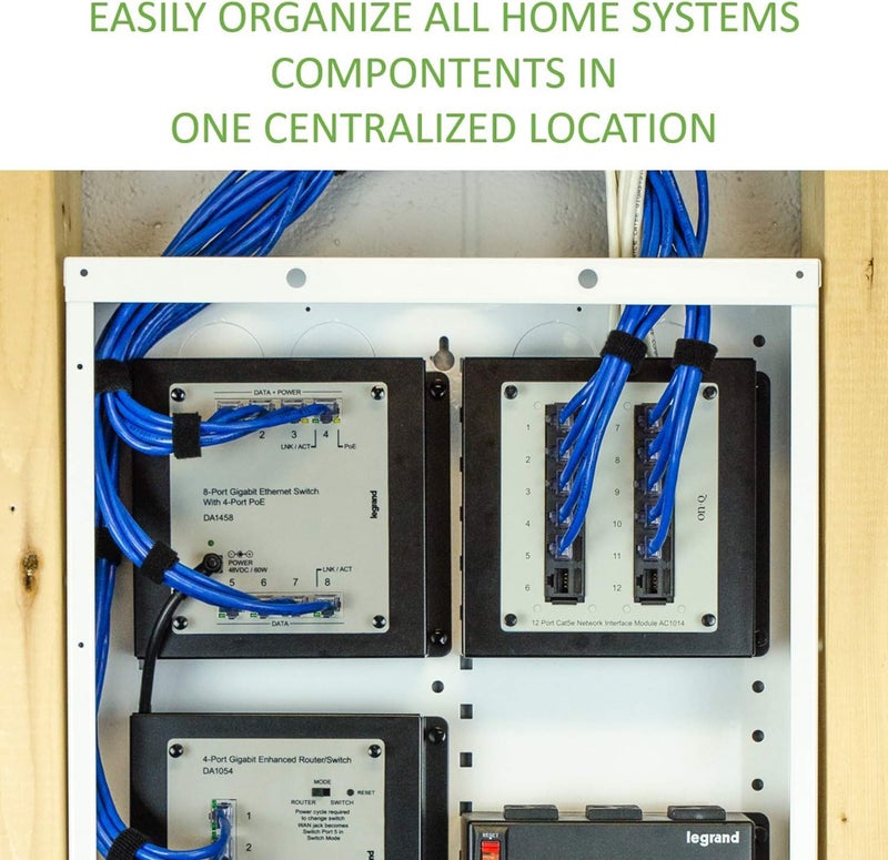 OnQ Legrand - 20 Inch Cable Management, In-Wall 20-Gauge Media Box, Structured Wiring Enclosure with 2.5 Inch Openings for Wires, Glossy White, EN2000 - Image 2