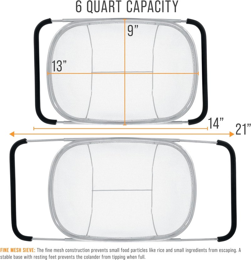 U.S. Kitchen Supply Stainless Steel Colander Strainer - 6-Quart Collapsible Colander with Expandable Rubber Handles - Rectangular Sieve, Fine Mesh Stainless Steel Strainers and Colanders for Kitchen - Image 3