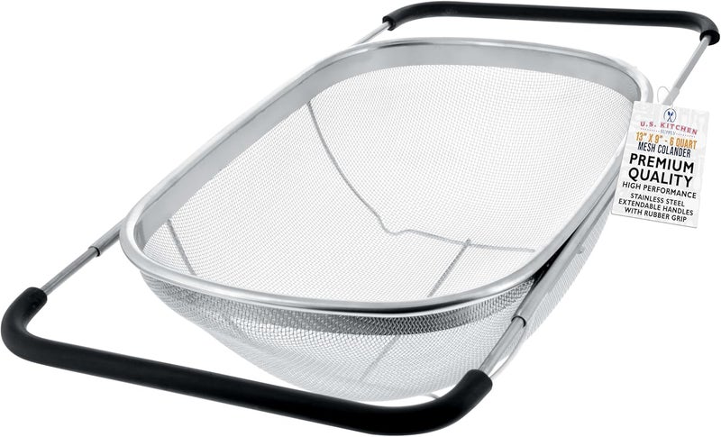 U.S. Kitchen Supply Stainless Steel Colander Strainer - 6-Quart Collapsible Colander with Expandable Rubber Handles - Rectangular Sieve, Fine Mesh Stainless Steel Strainers and Colanders for Kitchen - Image 1