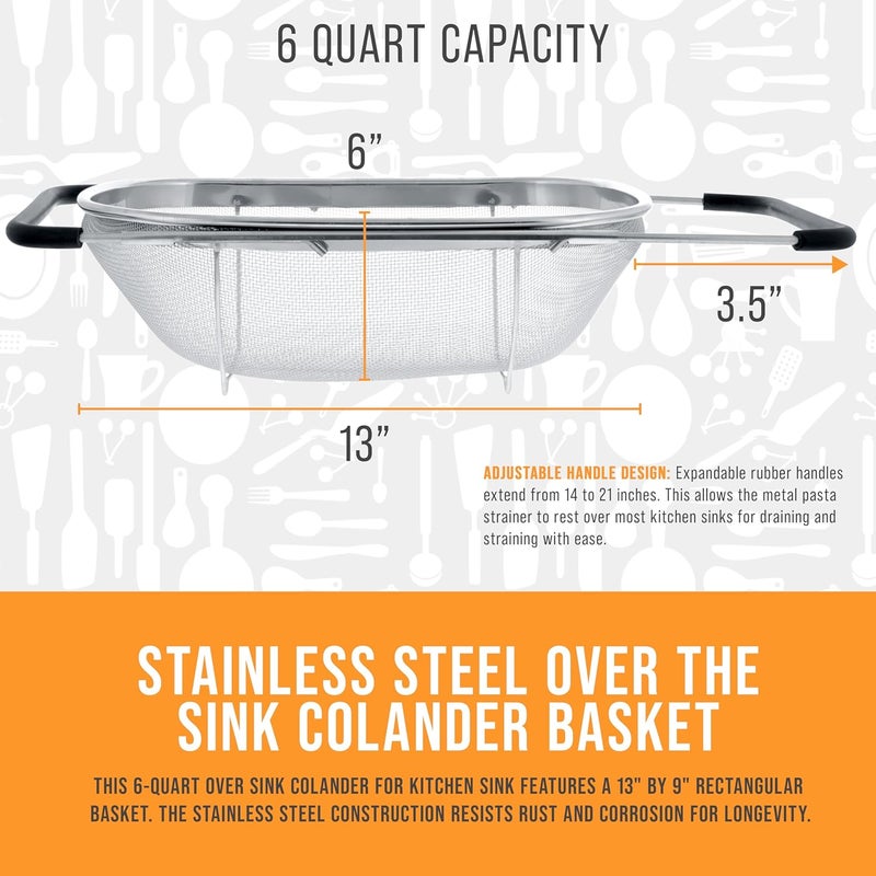 U.S. Kitchen Supply Stainless Steel Colander Strainer - 6-Quart Collapsible Colander with Expandable Rubber Handles - Rectangular Sieve, Fine Mesh Stainless Steel Strainers and Colanders for Kitchen - Image 4