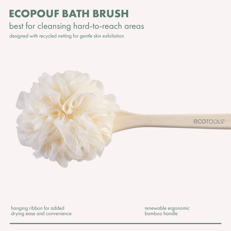 EcoTools EcoPouf Bath Brush, Loofah Brush for Bath & Shower, Made with Long Handle & Recycled, Soft Netting for Gentle Exfoliation, Back Brush for Men & Women, Eco-Friendly & Cruelty-Free, 2 Count - Image 2