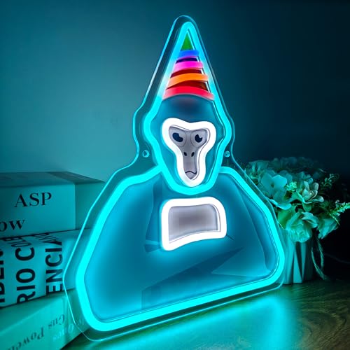 JOSEBRU Ice Blue Gorilla Neon Sign with Party Hat Funky Animal LED Art Lights for Game Room Wall Decor USB Dimmer Sign for Birthday Party Bedroom Mini Games Fans Holiday Gifts - Image 2
