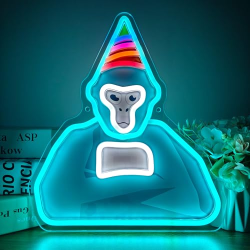 JOSEBRU Ice Blue Gorilla Neon Sign with Party Hat Funky Animal LED Art Lights for Game Room Wall Decor USB Dimmer Sign for Birthday Party Bedroom Mini Games Fans Holiday Gifts - Image 1