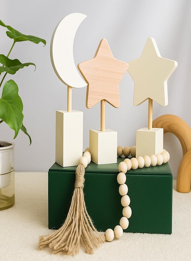 AMQUAL Nursery Wall Art Set Wooden Star & Moon Decor with 30-Inch Bead Garland - 4-Piece Gender Neutral Boho Shelf Decor for Kids Rooms, Playrooms & Home - Image 1