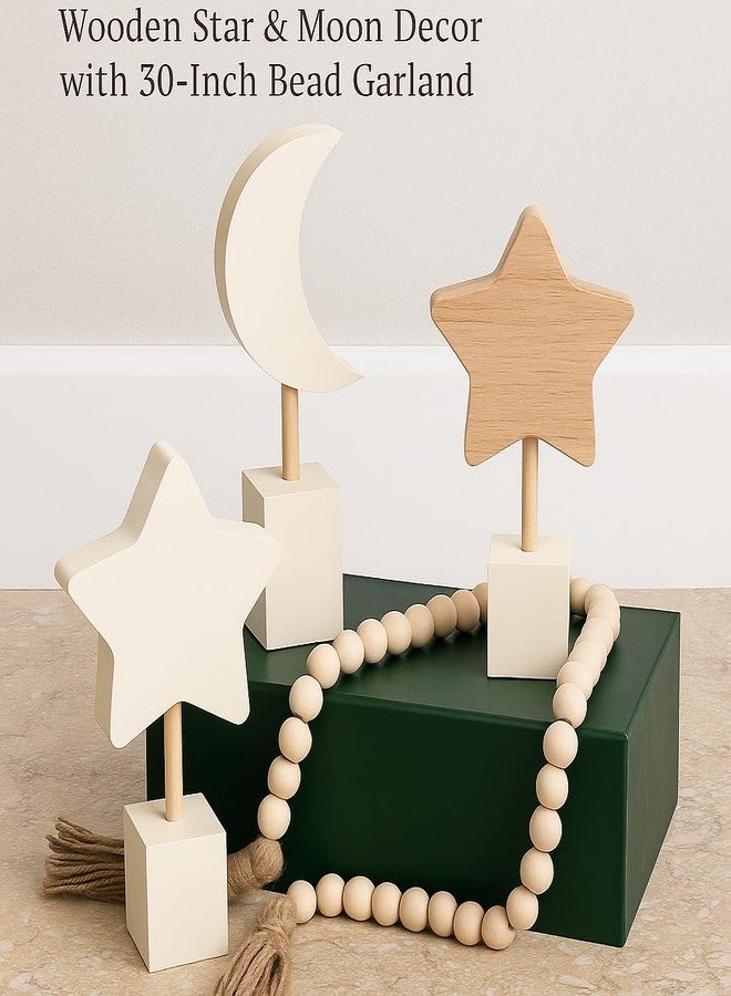 AMQUAL Nursery Wall Art Set Wooden Star & Moon Decor with 30-Inch Bead Garland - 4-Piece Gender Neutral Boho Shelf Decor for Kids Rooms, Playrooms & Home - Image 4