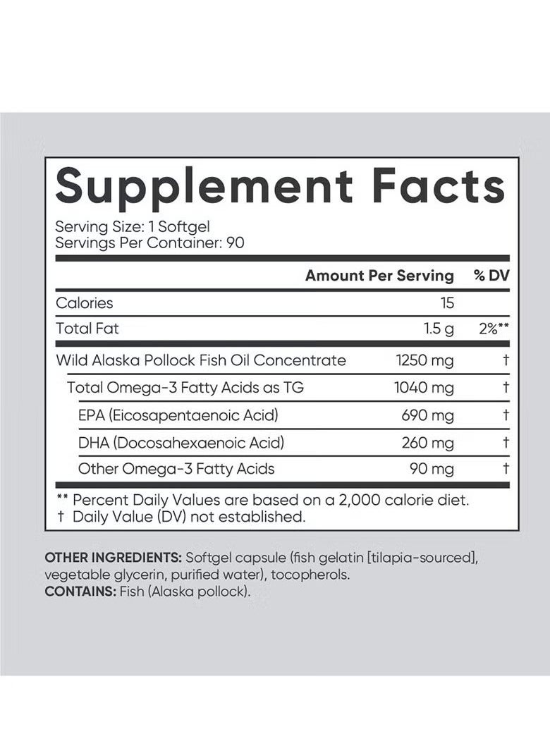 Omega - Omega-3,triple Strength, 1250 Mg, Made with ALASKAOMEGA, with Triglyceride EPA & DHA | Heart, Brain & Joint Support | IFOS 5 Star Certified, Non-GMO & Gluten Free - 90 Softgels - Image 1