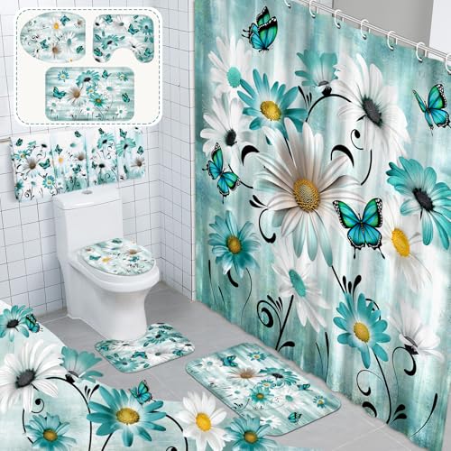FuWeave 8 Pcs Rustic Farmhouse Shower Curtain Sets for Bathroom Daisy Floral and Butterfly Shower Curtain Sets with Rugs Flowers Towels NonSlip Rug Toilet Lid Cover Bath Mat and 12 HooksTeal - Image 1