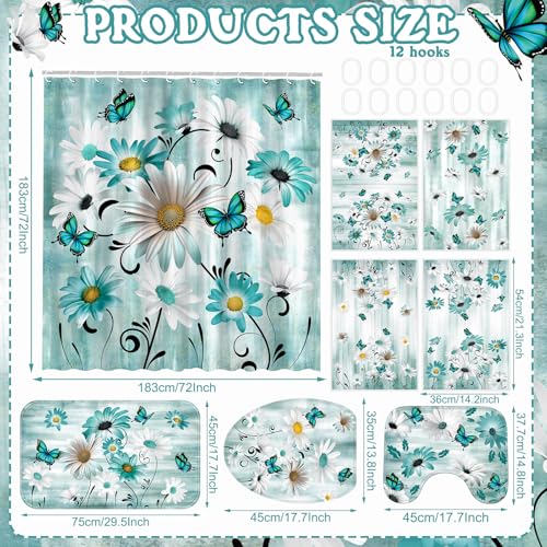 FuWeave 8 Pcs Rustic Farmhouse Shower Curtain Sets for Bathroom Daisy Floral and Butterfly Shower Curtain Sets with Rugs Flowers Towels NonSlip Rug Toilet Lid Cover Bath Mat and 12 HooksTeal - Image 3