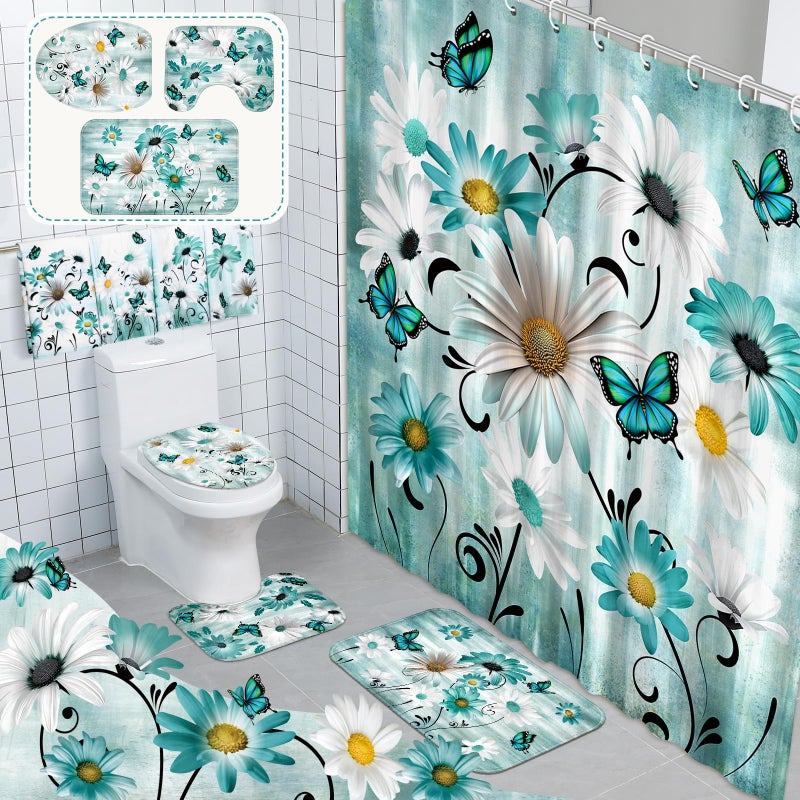 FuWeave 8 Pcs Rustic Farmhouse Shower Curtain Sets for Bathroom Daisy Floral and Butterfly Shower Curtain Sets with Rugs Flowers Towels NonSlip Rug Toilet Lid Cover Bath Mat and 12 HooksTeal - Image 2