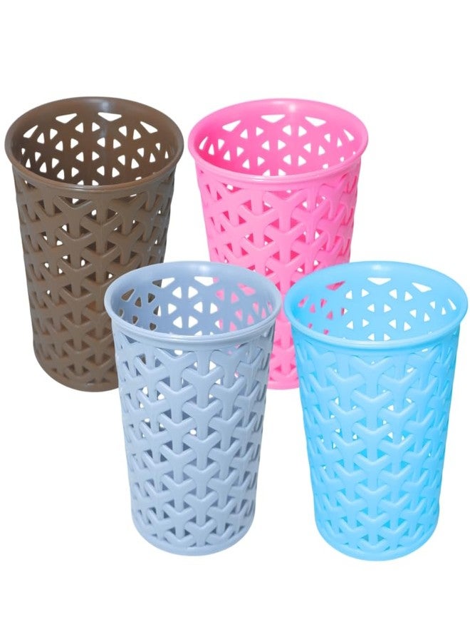 MORVI Linea Small Round Plastic Multipurpose Organizer For Kitchen, Bathroom, Salon, Office|Stationery,Cutlery,Pen,Makeup Brushes Holder|Hanging Toothbrush Stand |Pack Of 4 | BROWN LIGHT GREY PINK BLUE - Image 1
