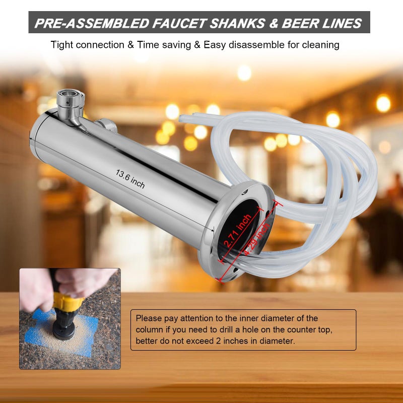 Ferroday Kegerator Tower Dual Faucet Beer Tower Double Tap Beer Tower Dispenser Beer Tap Kegerator Parts Stainless Steel Tower Brass Faucet Stainless Core Pre-Assembled Lines 3"" Keg Tower Beer Keg Tap - Image 4