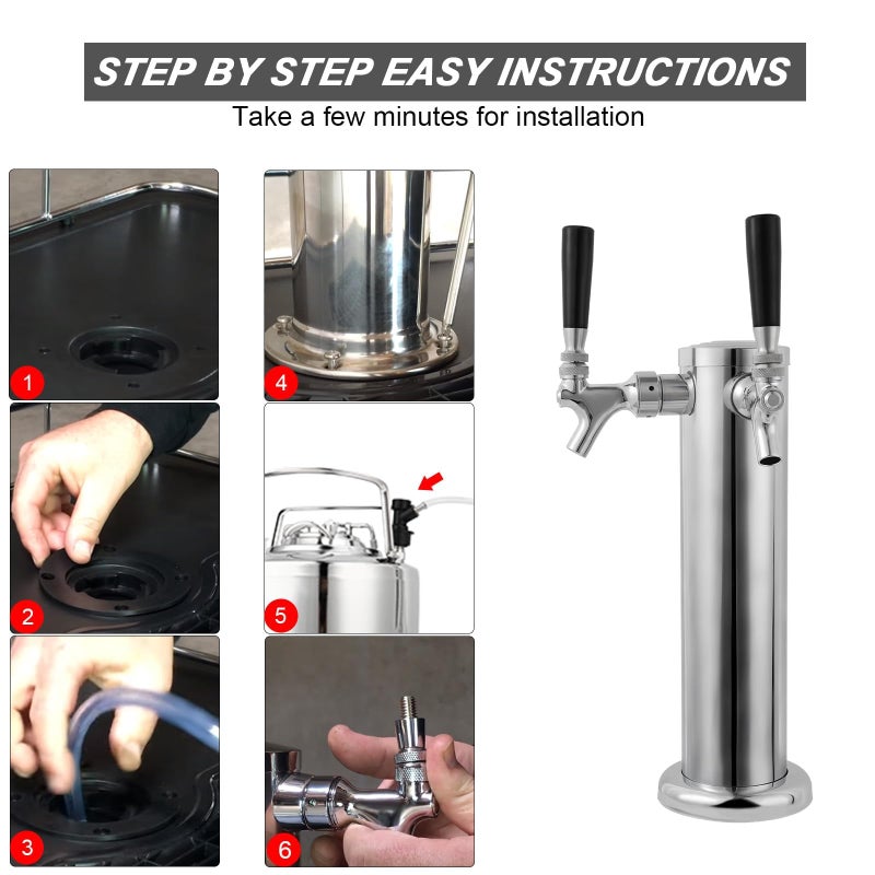 Ferroday Kegerator Tower Dual Faucet Beer Tower Double Tap Beer Tower Dispenser Beer Tap Kegerator Parts Stainless Steel Tower Brass Faucet Stainless Core Pre-Assembled Lines 3"" Keg Tower Beer Keg Tap - Image 5